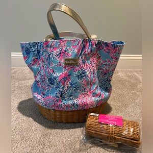 Lilly Pulitzer Wicker Tote Bag and Sunglasses Case